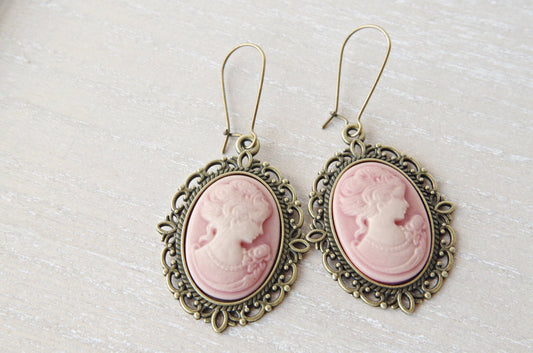 Cameo earrings Woman portrait cameo jewelry Bronze vintage earrings Lady silhouette  Christmas gift for mom Holiday