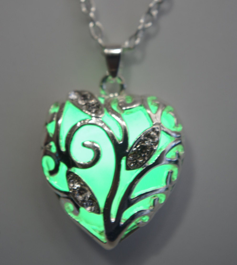 Heart Glow Necklace Glowing Necklace Big Green Heart  Glow in the Dark  Glowing Jewelry  Glowing Pendant Heart Necklace