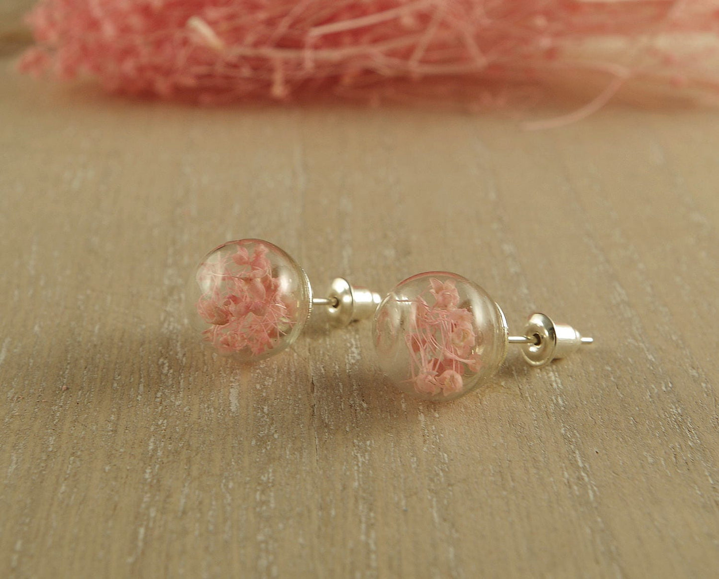 Real flower at mini terrarium stud earring Pink flower post earrings Botanical jewelry gift for her