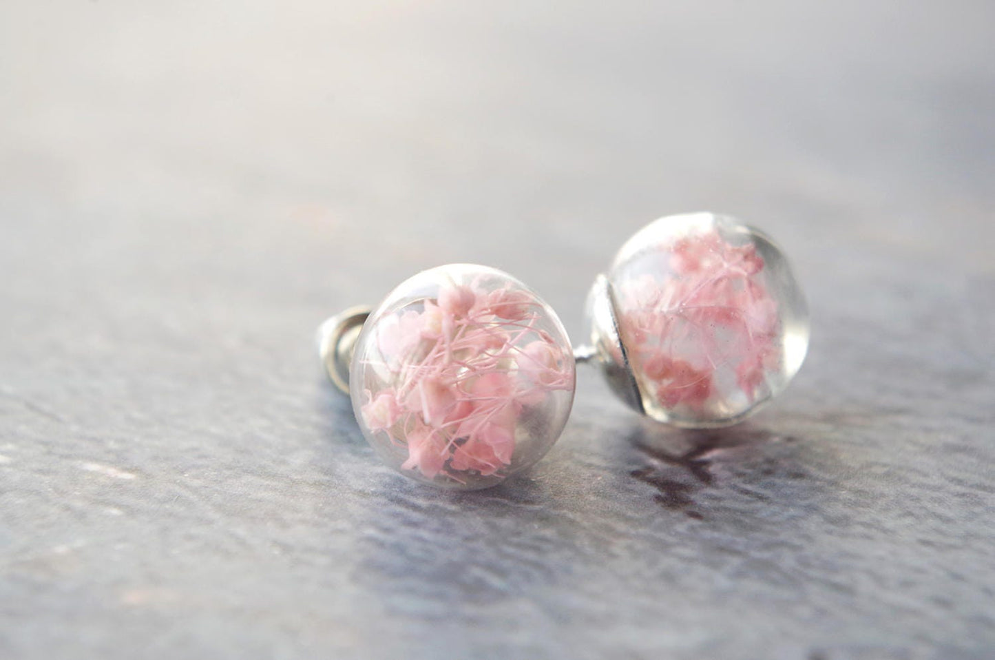 Real flower at mini terrarium stud earring Pink flower post earrings Botanical jewelry gift for her