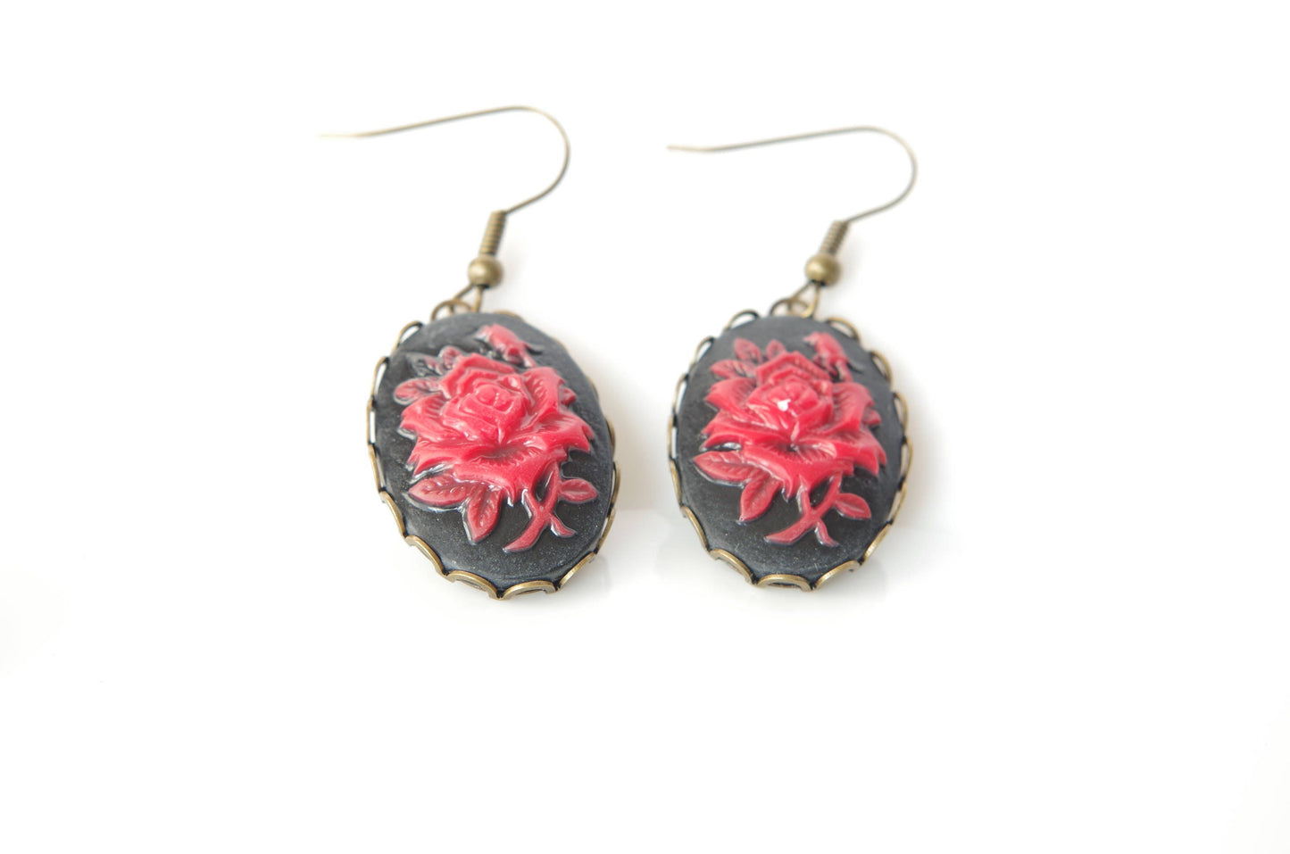 Gothic Rose Earrings in Black  Red rose cameo earrings  Victorian jewelry Gift for her Gift for women