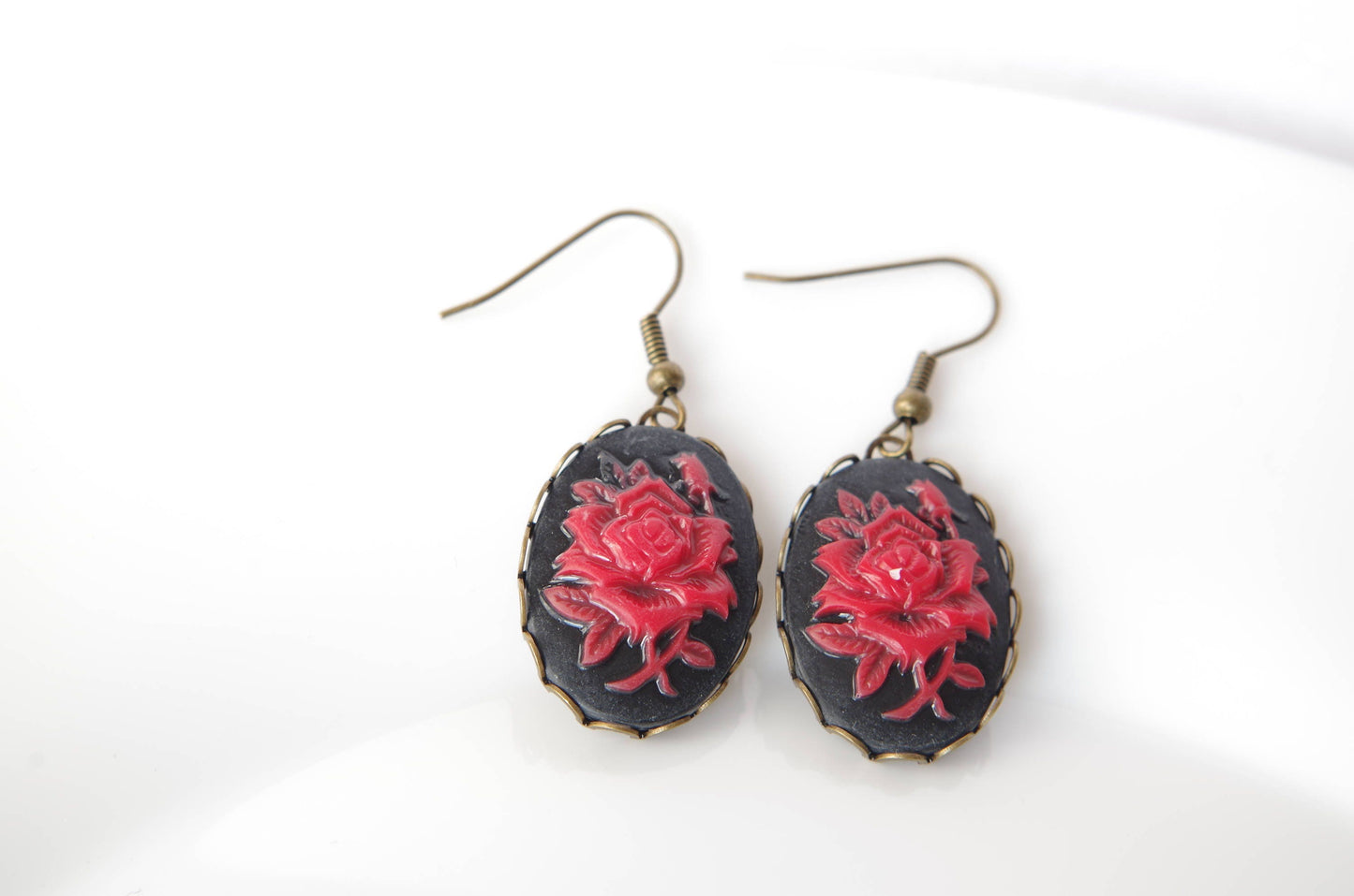 Gothic Rose Earrings in Black  Red rose cameo earrings  Victorian jewelry Gift for her Gift for women