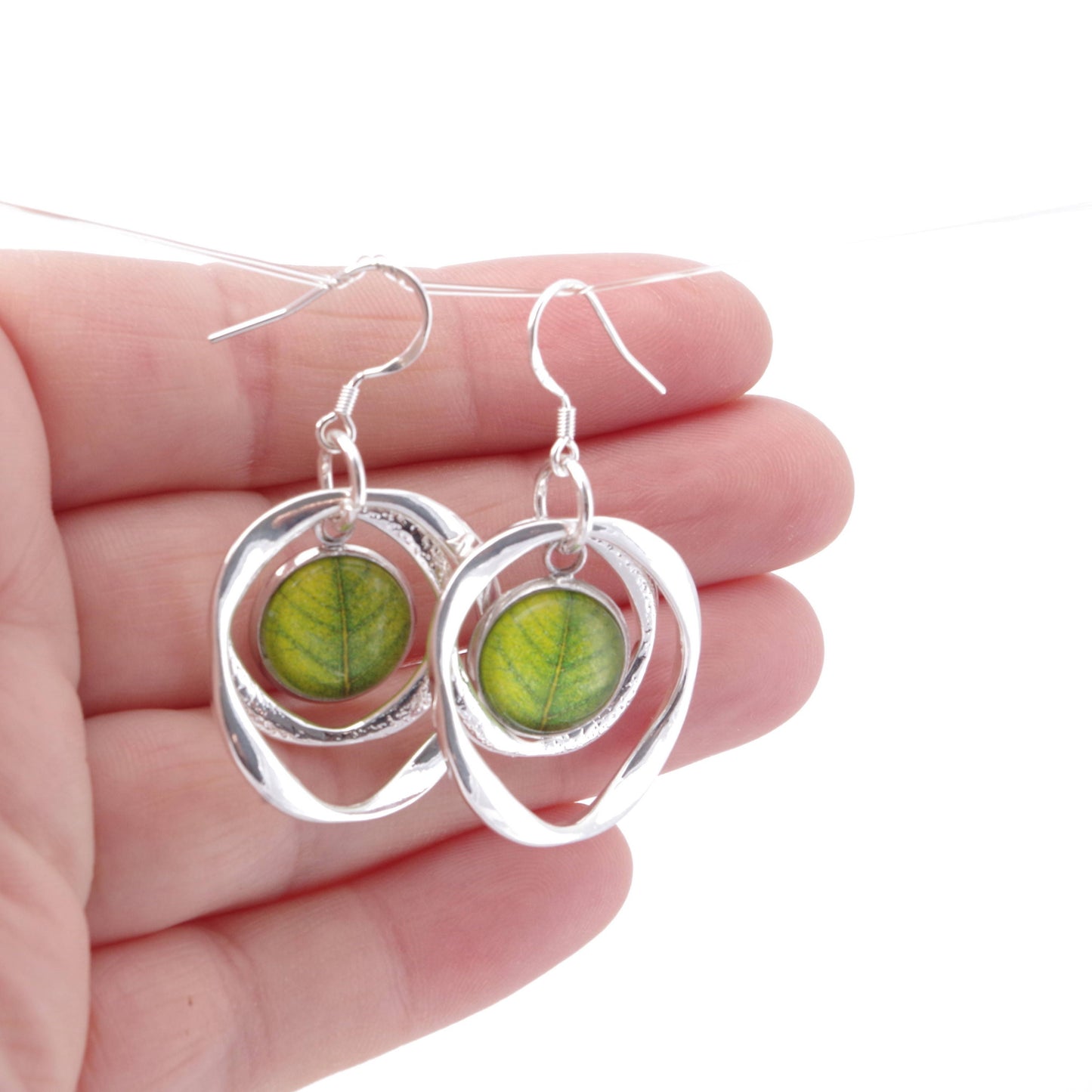 Geometric earrings Christmas gifts for her Green leaf earrings Circle earrings Silver jewelry Hoop dangle earrings Birthday gift for mom