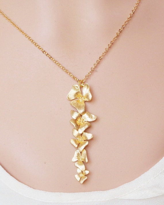 Orchid Necklace Gold flower jewelry Christmas gift for her Bridesmaid Gift for grandma Statement Necklace Wedding jewelry