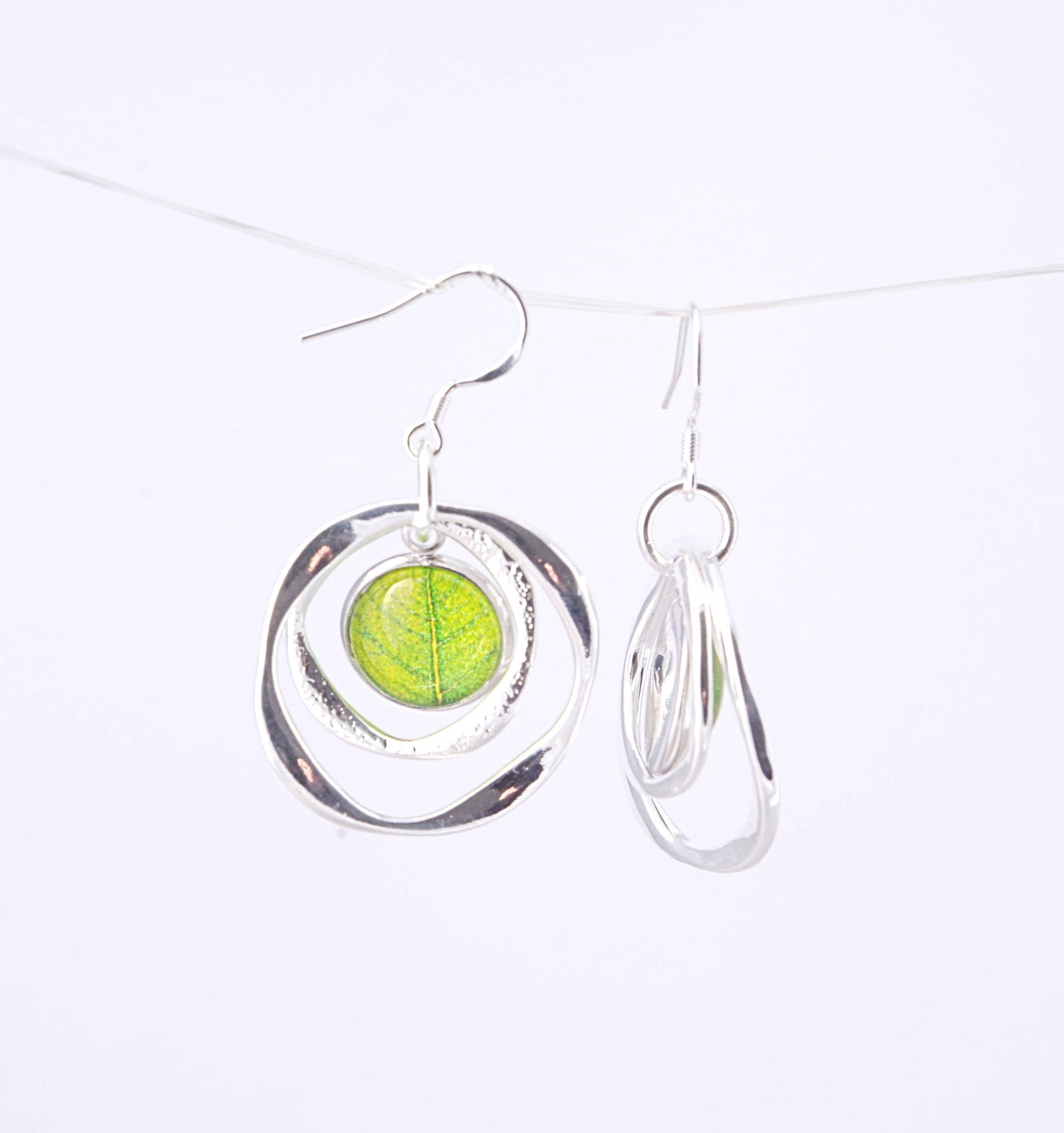 Geometric earrings Christmas gifts for her Green leaf earrings Circle earrings Silver jewelry Hoop dangle earrings Birthday gift for mom