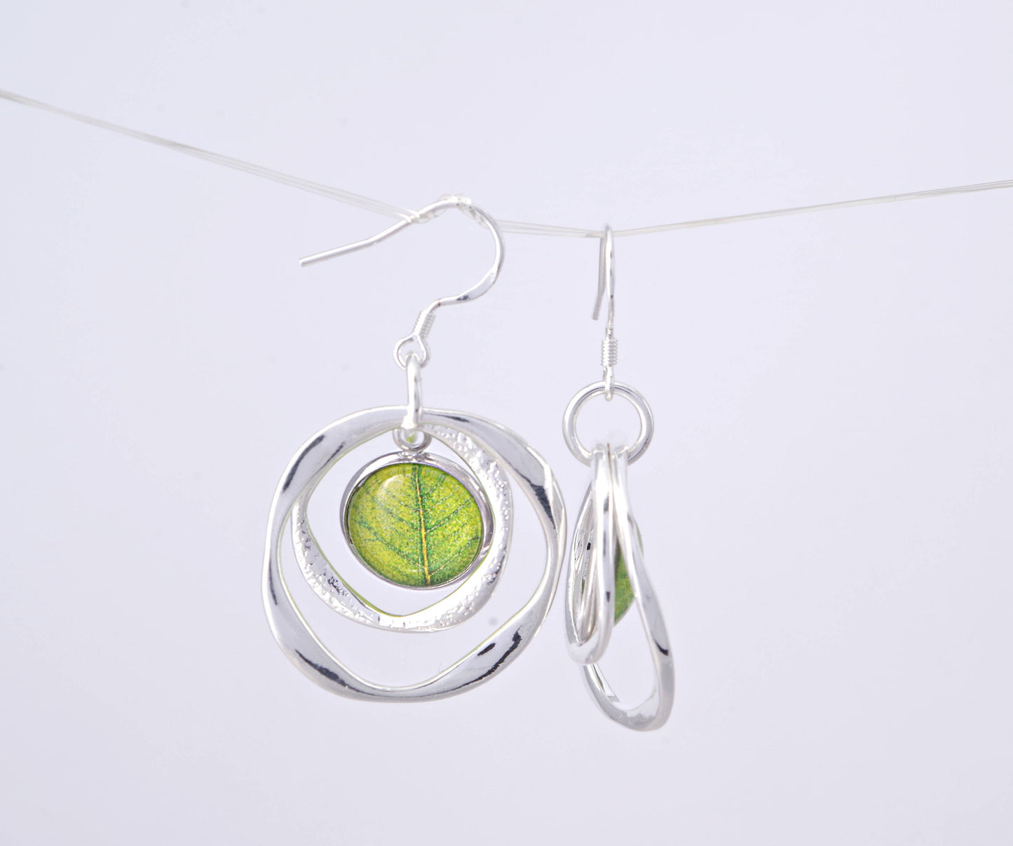 Geometric earrings Christmas gifts for her Green leaf earrings Circle earrings Silver jewelry Hoop dangle earrings Birthday gift for mom