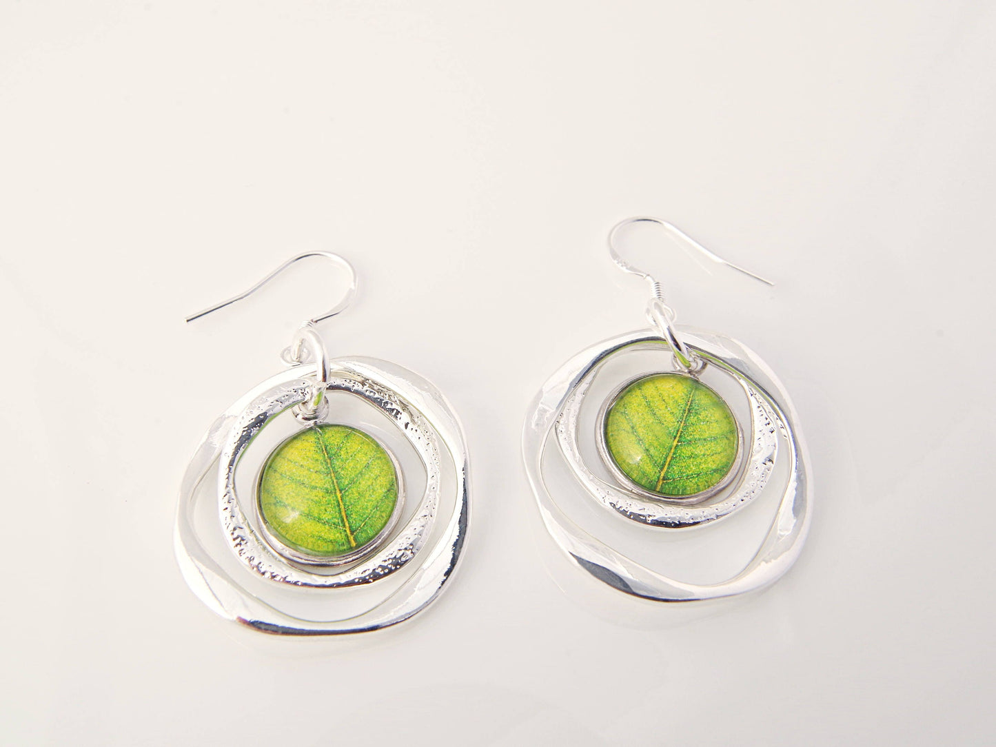 Geometric earrings Christmas gifts for her Green leaf earrings Circle earrings Silver jewelry Hoop dangle earrings Birthday gift for mom