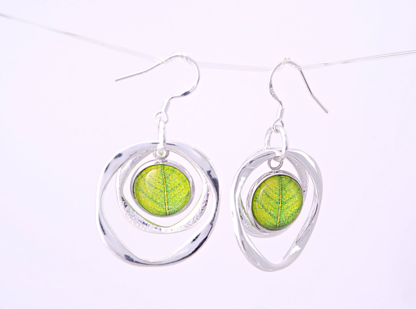 Geometric earrings Christmas gifts for her Green leaf earrings Circle earrings Silver jewelry Hoop dangle earrings Birthday gift for mom