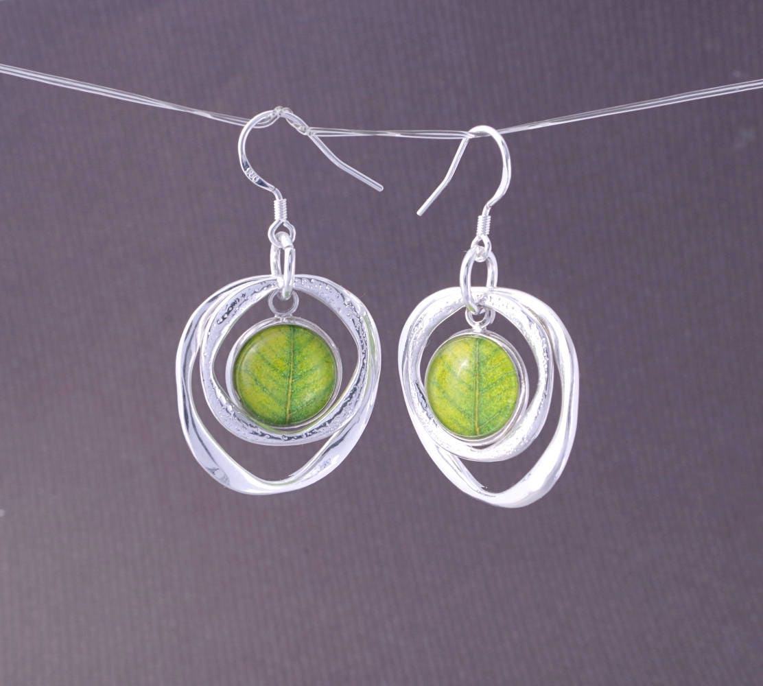 Geometric earrings Christmas gifts for her Green leaf earrings Circle earrings Silver jewelry Hoop dangle earrings Birthday gift for mom