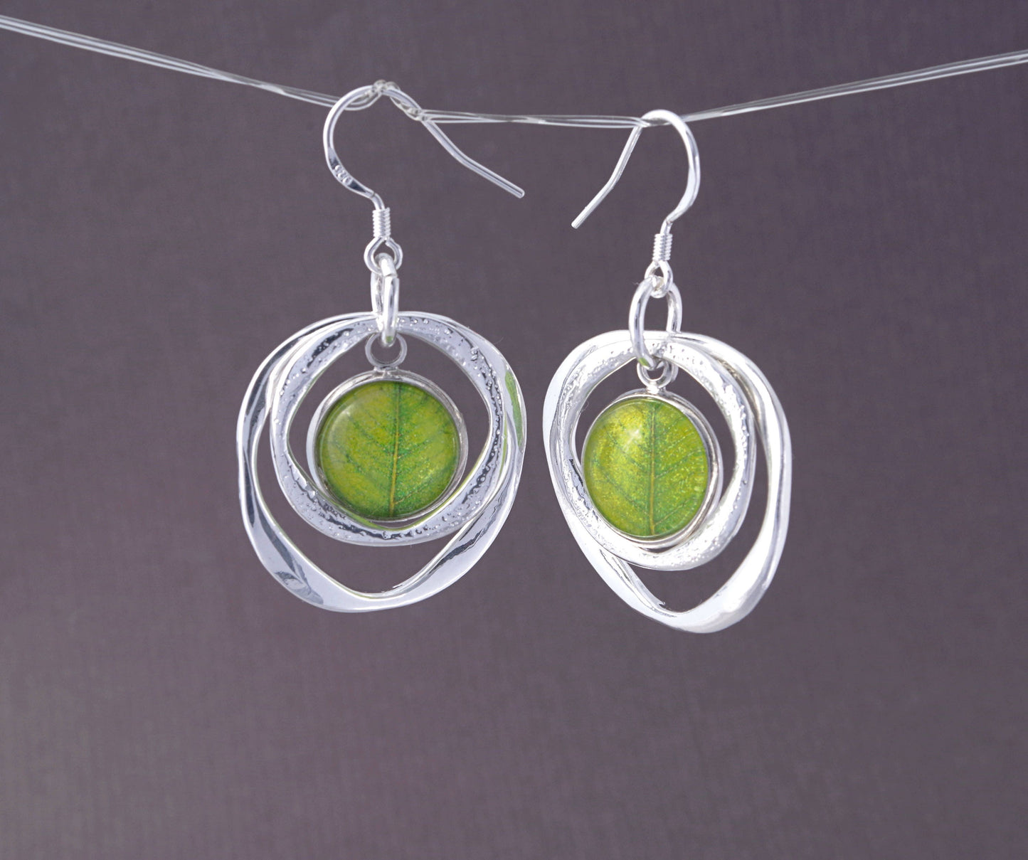 Geometric earrings Christmas gifts for her Green leaf earrings Circle earrings Silver jewelry Hoop dangle earrings Birthday gift for mom