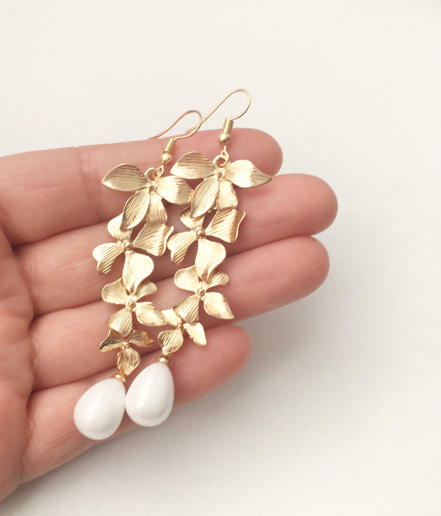 Gold Orchid Earrings Flower Earrings Bridesmaid Earrings Bridal Jewelry long flower earrings Wedding jewelry Mothers day gift for her mom