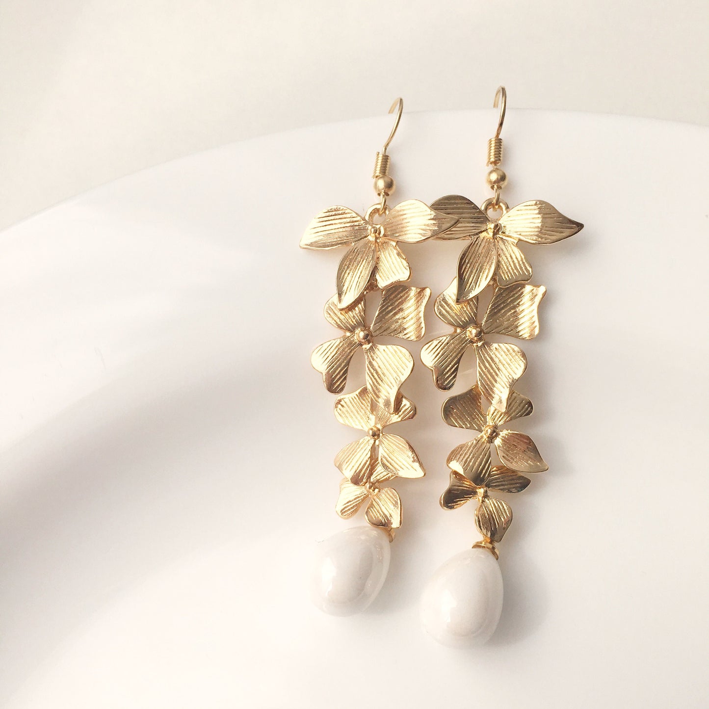 Gold Orchid Earrings Flower Earrings Bridesmaid Earrings Bridal Jewelry long flower earrings Wedding jewelry Mothers day gift for her mom