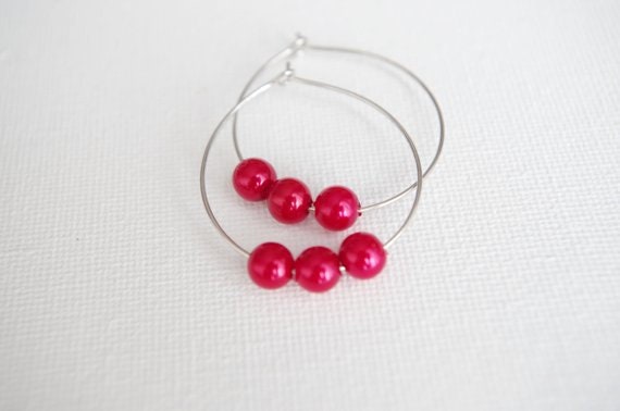 Red Pearl Hoop Earring Teardrop Hoops Earring Red Pearl Circle Earrings Pearl Large Hoop Earrings Beaded Hoop Earrings Bridesmaid Earrings