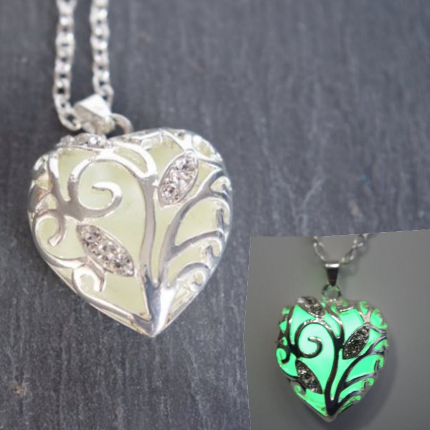 Glow heart necklace Glowing heart of winter jewelry Green heart  glow in the dark Pendant Frozen heart necklace Christmas gift