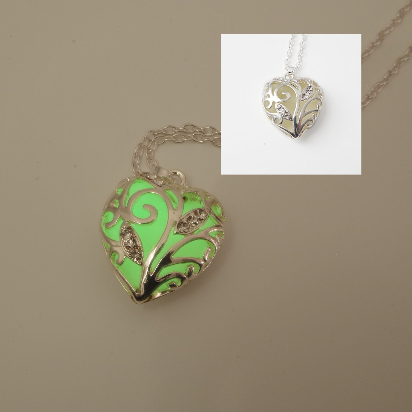 Glow heart necklace Glowing heart of winter jewelry Green heart  glow in the dark Pendant Frozen heart necklace Christmas gift