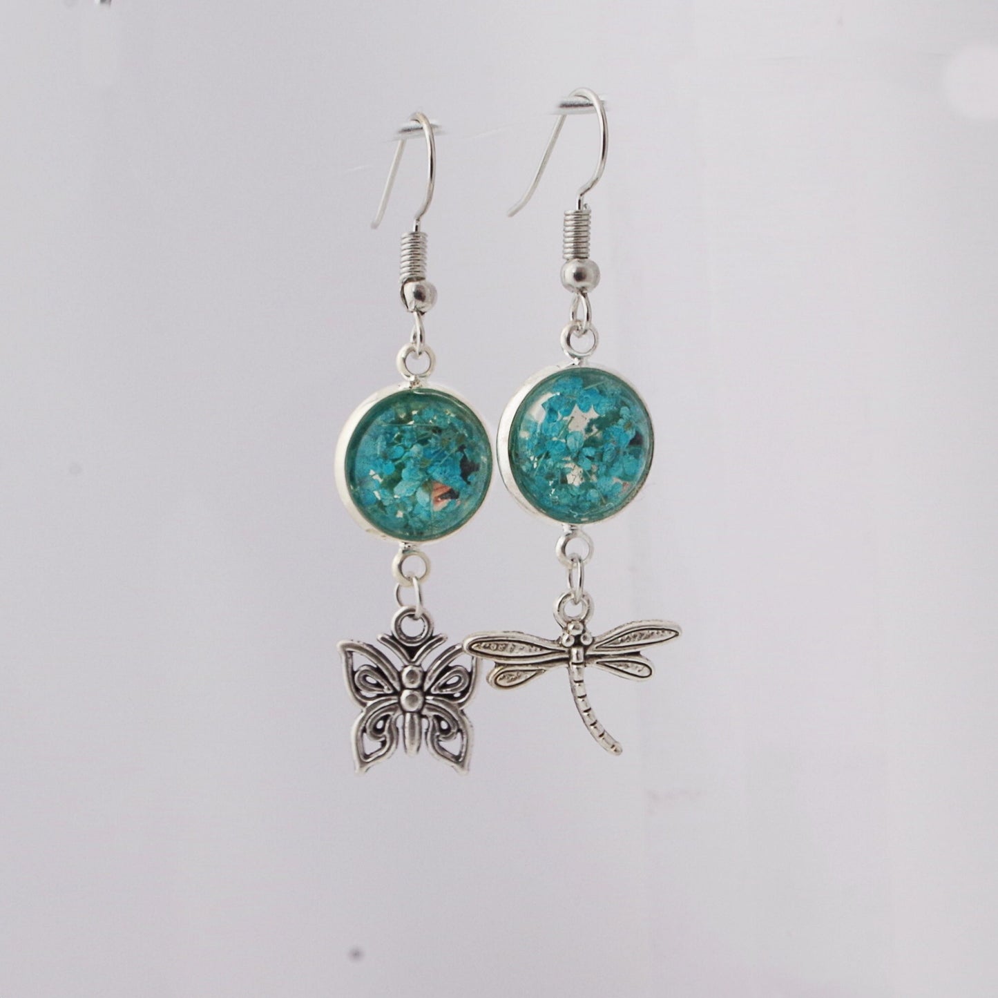 Real flower earrings Butterfly jewelry Mismatched earrings Asymmetrical  Different Statement Dragonfly earrings Mix and match