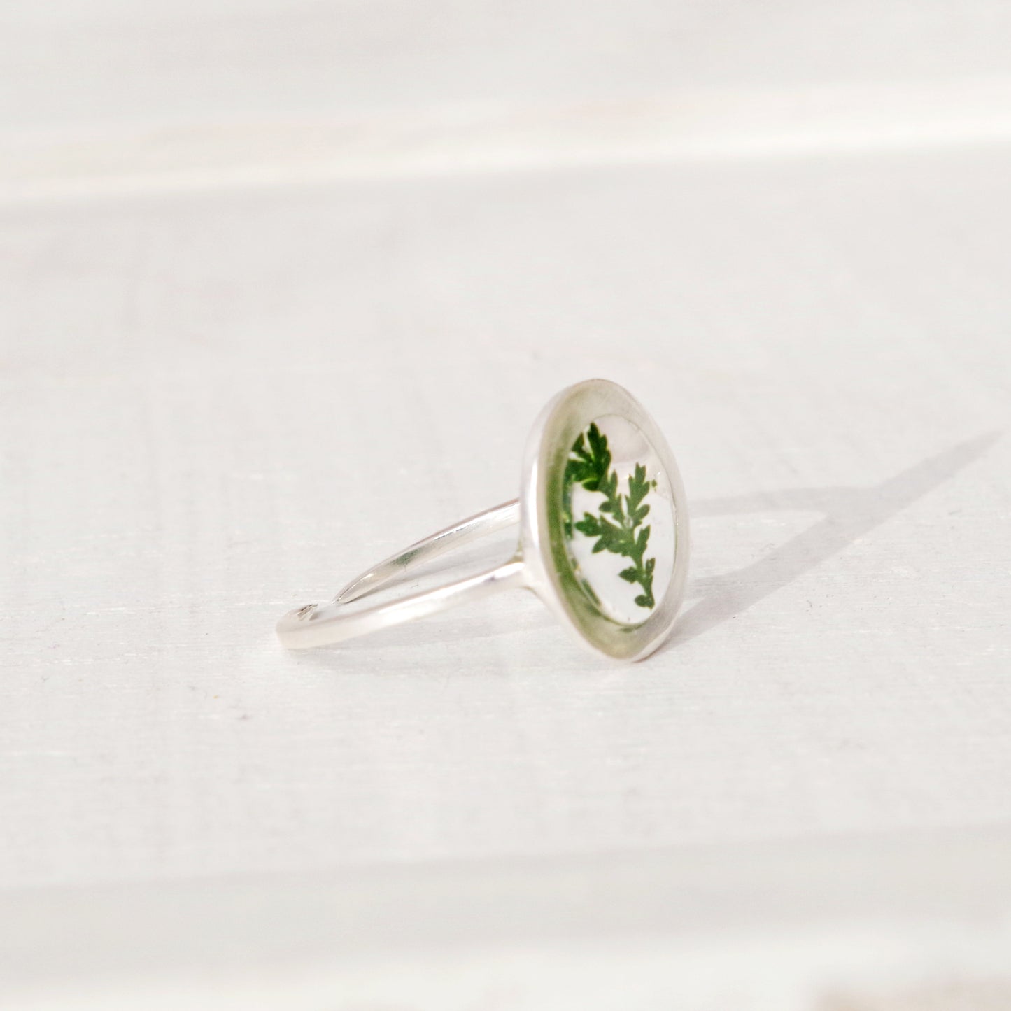 Silver ring with green fern in resin Minimalist  adjustable rings for women  Botanical jewelry Terrarium jewelry Mothers day gift for her