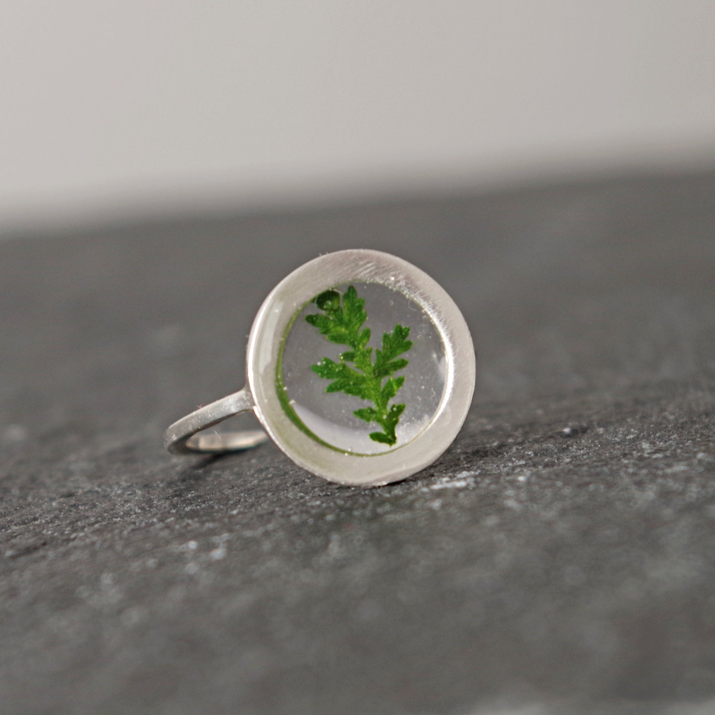 Silver ring with green fern in resin Minimalist  adjustable rings for women  Botanical jewelry Terrarium jewelry Mothers day gift for her