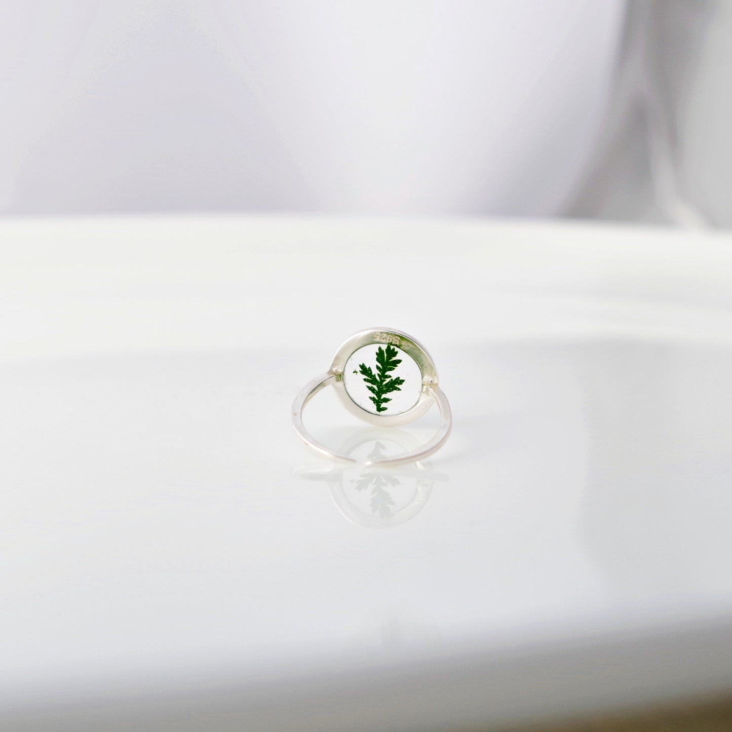 Silver ring with green fern in resin Minimalist  adjustable rings for women  Botanical jewelry Terrarium jewelry Mothers day gift for her