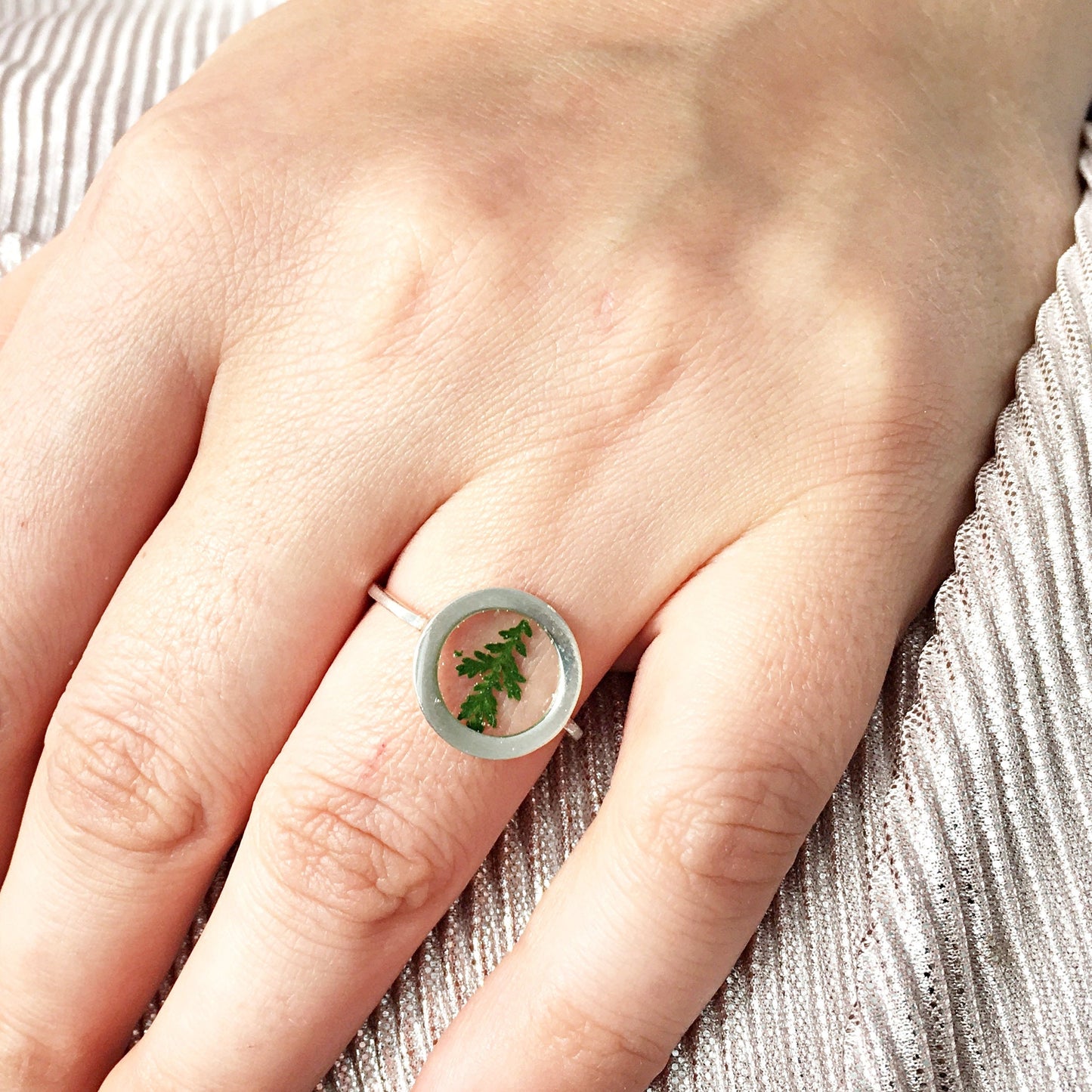 Silver ring with green fern in resin Minimalist  adjustable rings for women  Botanical jewelry Terrarium jewelry Mothers day gift for her