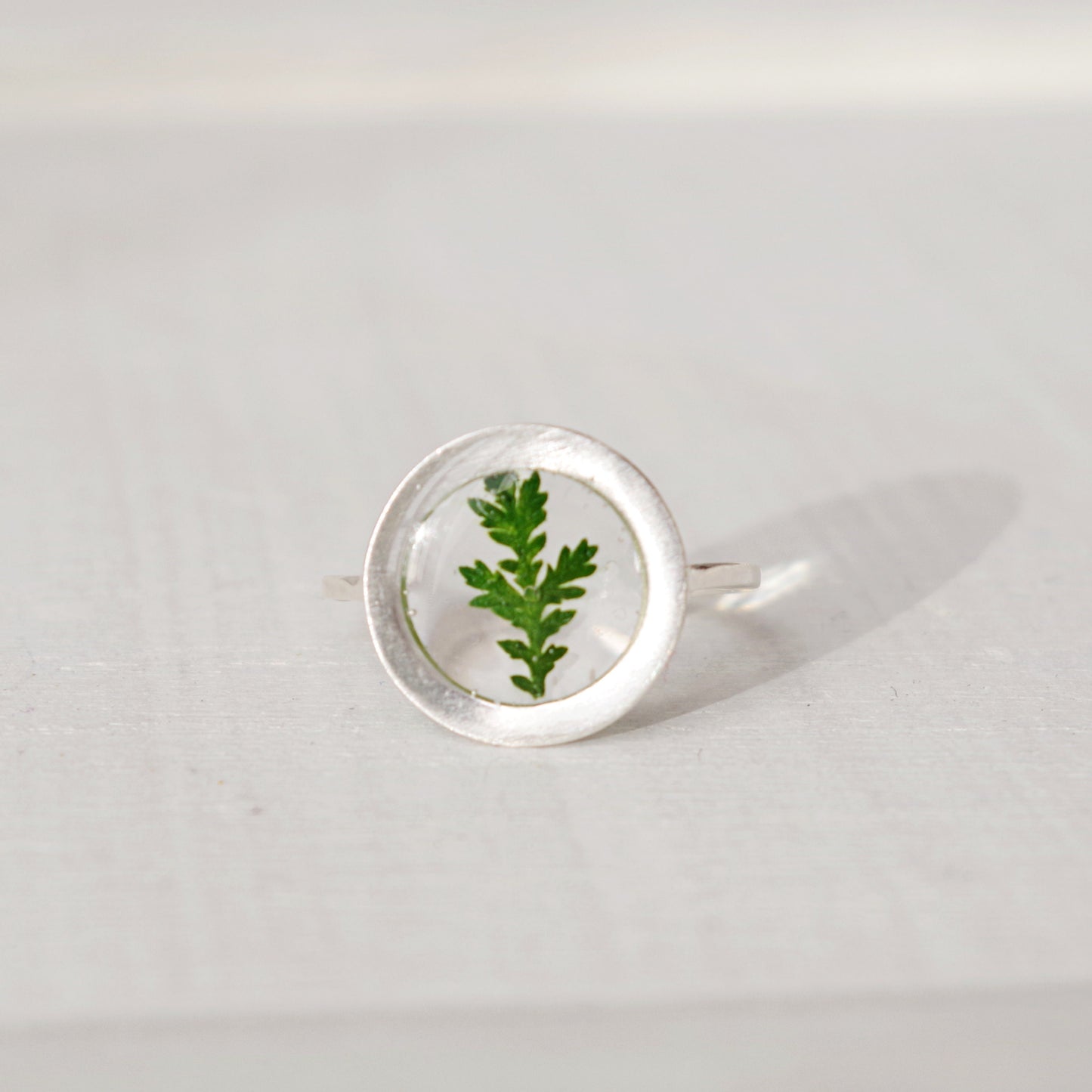 Silver ring with green fern in resin Minimalist  adjustable rings for women  Botanical jewelry Terrarium jewelry Mothers day gift for her