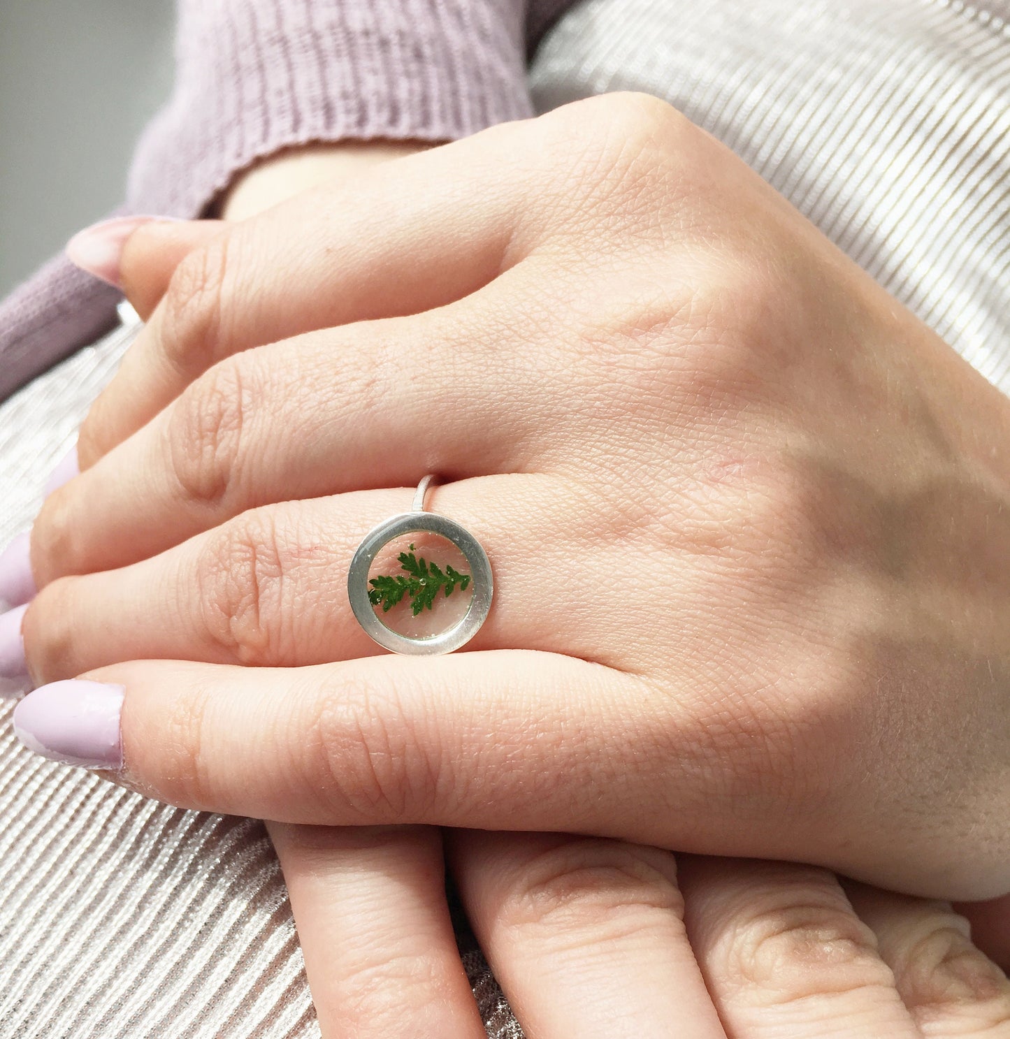 Silver ring with green fern in resin Minimalist  adjustable rings for women  Botanical jewelry Terrarium jewelry Mothers day gift for her