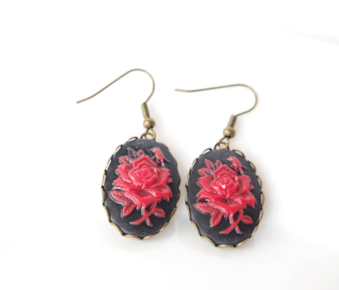 Gothic Rose Earrings in Black  Red rose cameo earrings  Victorian jewelry Gift for her Gift for women