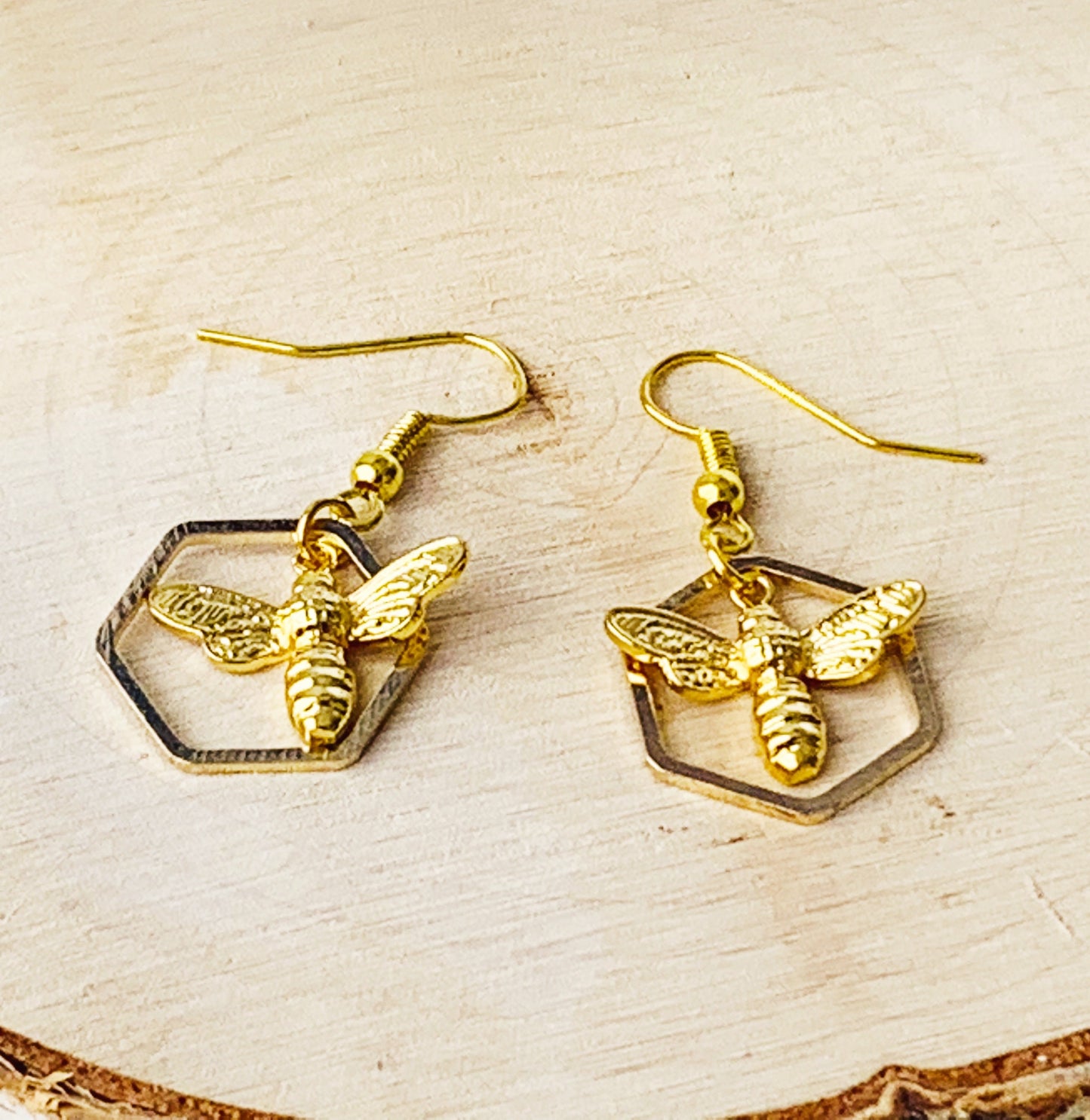 Gold Bee Earrings , Insect Jewelry , Honey bee dangle earrings , Geometric Earrings Christmas gift for women