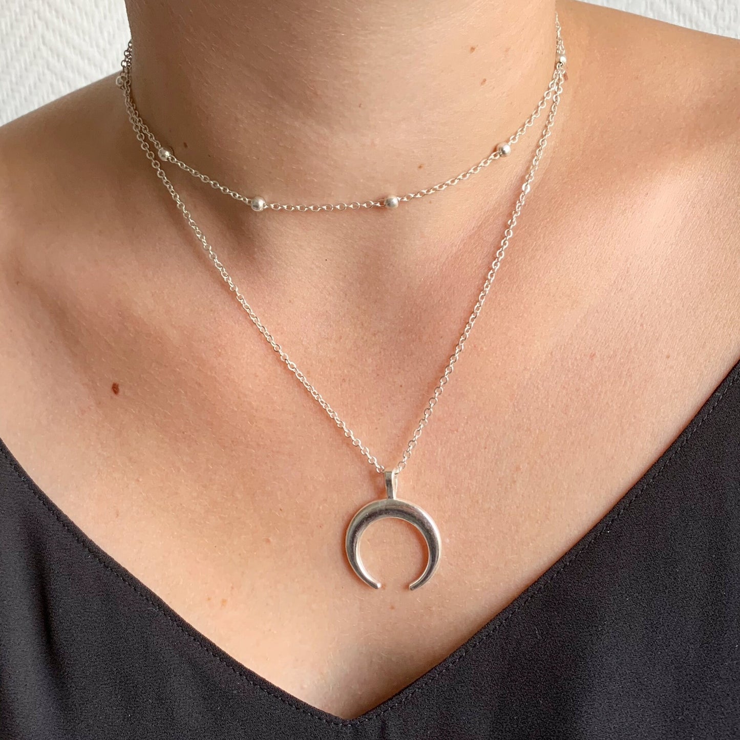 Silver Crescent Moon Necklace Celestial Upside Down Moon Necklace Double Horn Gift For Her Best Friends Statement Jewelry Gifts For Mom