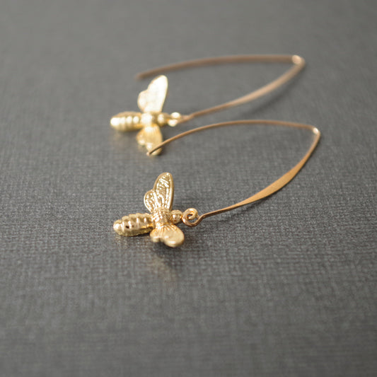 Gold Bee Earrings, Queen Bee Dangle Earrings , Insect Jewelry , Honey bee longe earrings , Christmas gift for women