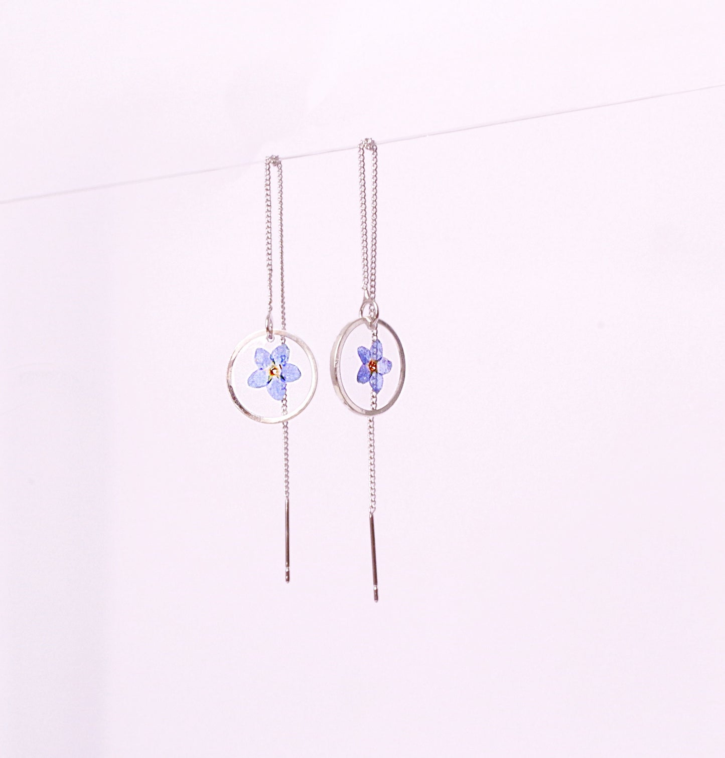 Silver threader earrings Forget me Not in resin chain earrings Tiny pressed flower jewelry Long dangle earrings