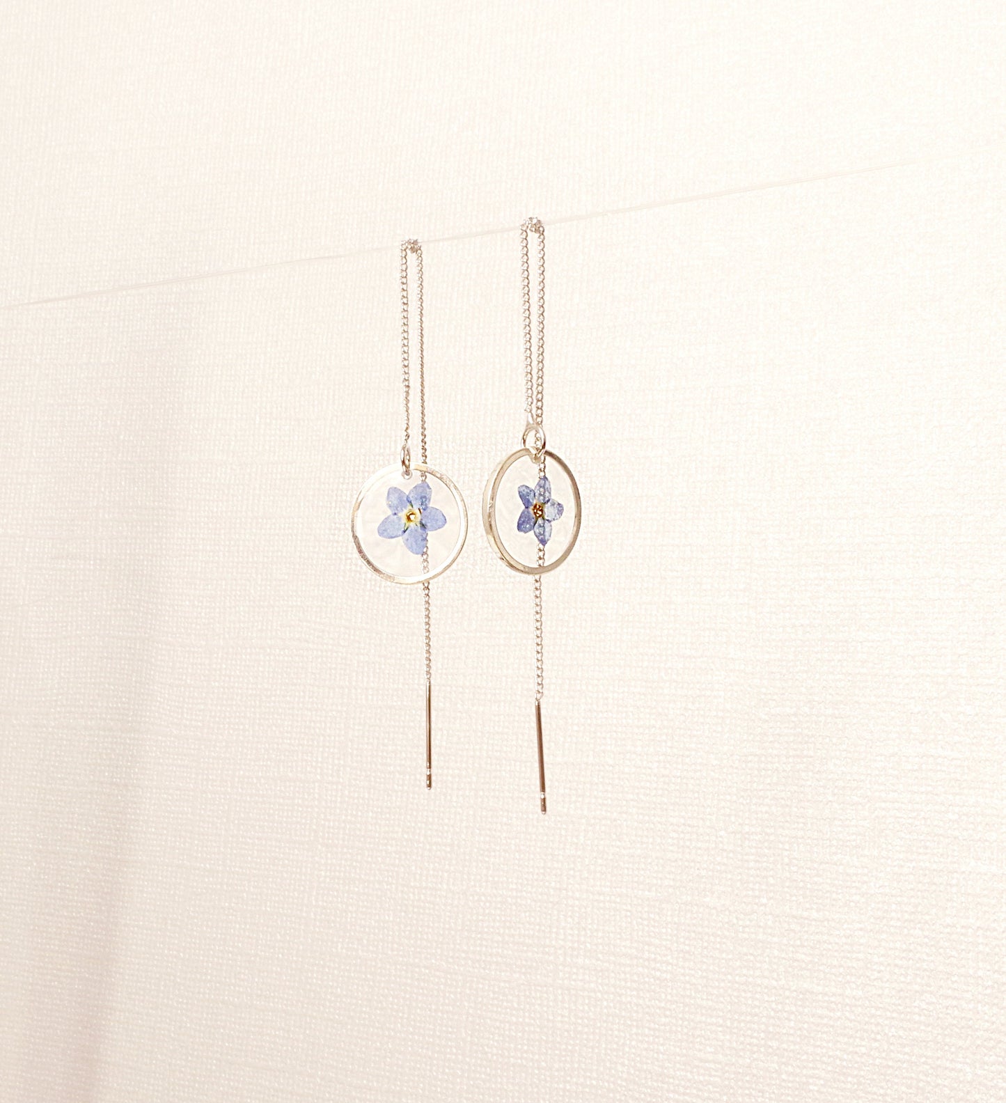 Silver threader earrings Forget me Not in resin chain earrings Tiny pressed flower jewelry Long dangle earrings