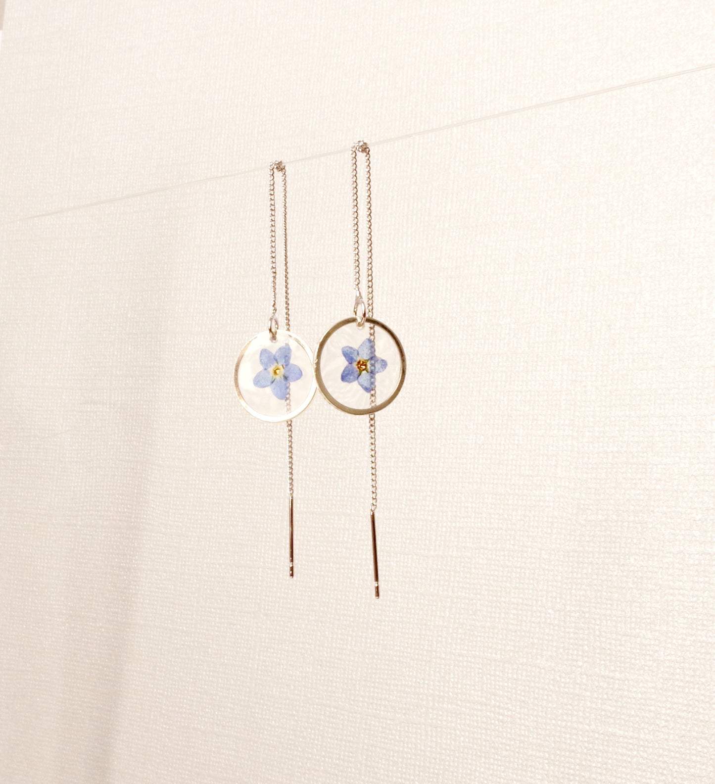 Silver threader earrings Forget me Not in resin chain earrings Tiny pressed flower jewelry Long dangle earrings