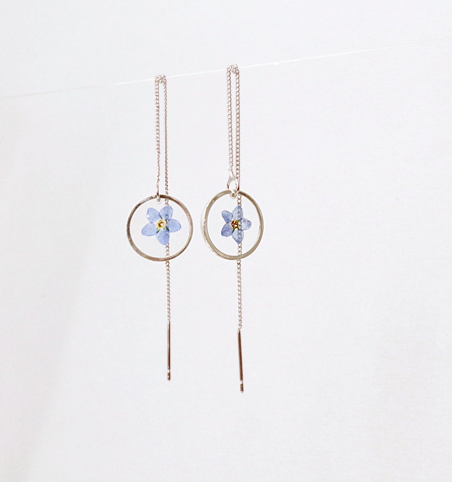 Silver threader earrings Forget me Not in resin chain earrings Tiny pressed flower jewelry Long dangle earrings