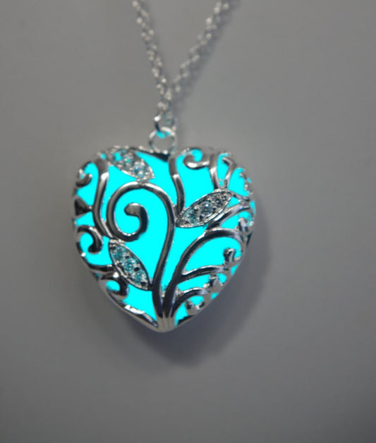 Glowing Necklace  Heart Aqua Glowing Necklace Glowing Jewelry Glowing Pendant Glow in the Dark Necklace valentines day gift for her Mothers