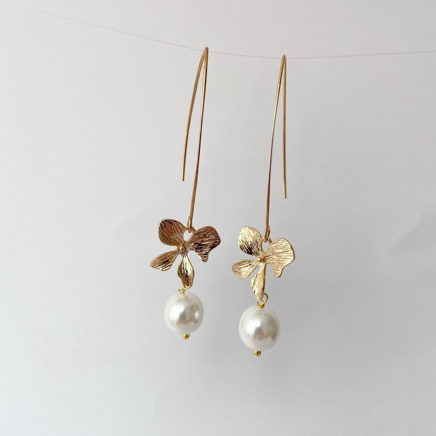 Gold orchid earrings Pearl long dangle flower earrings Floral Bridal jewelry Ivory cream  pearl wedding earrings