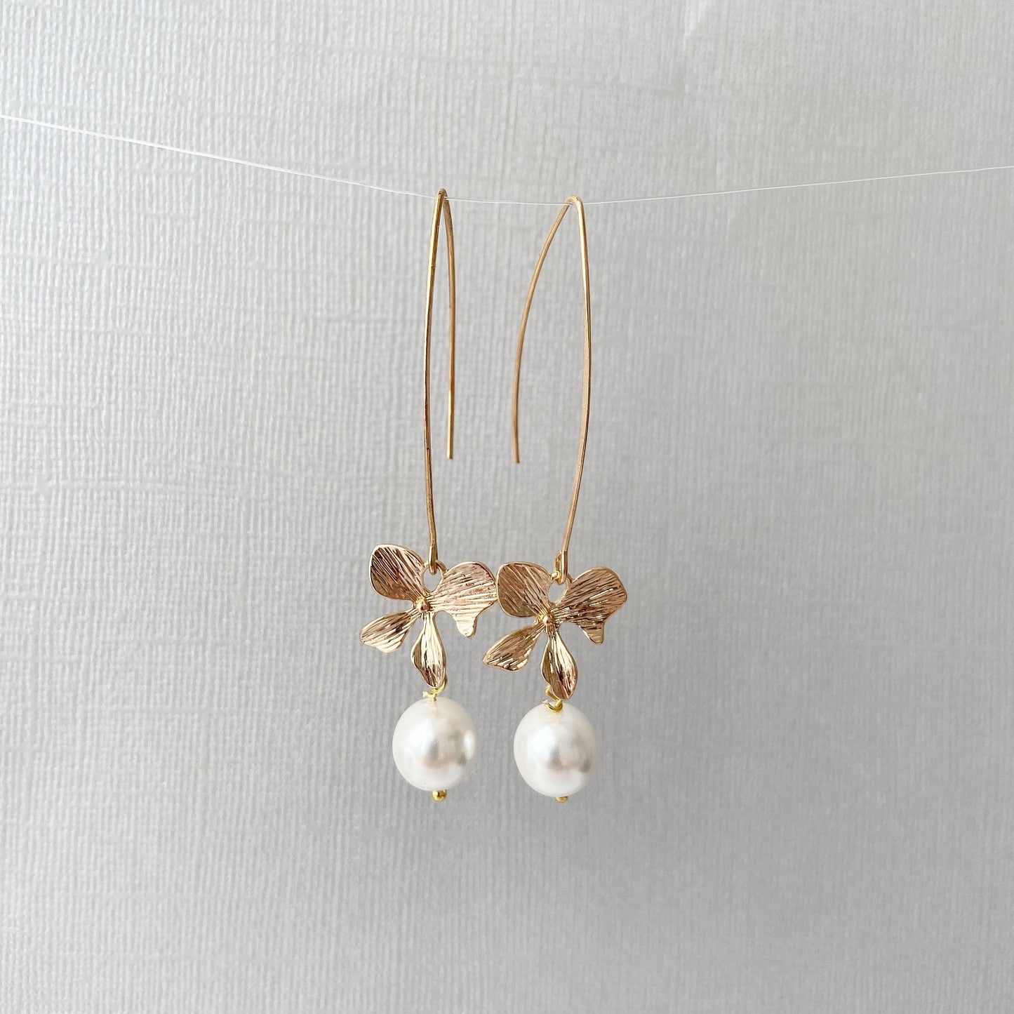 Gold orchid earrings Pearl long dangle flower earrings Floral Bridal jewelry Ivory cream  pearl wedding earrings