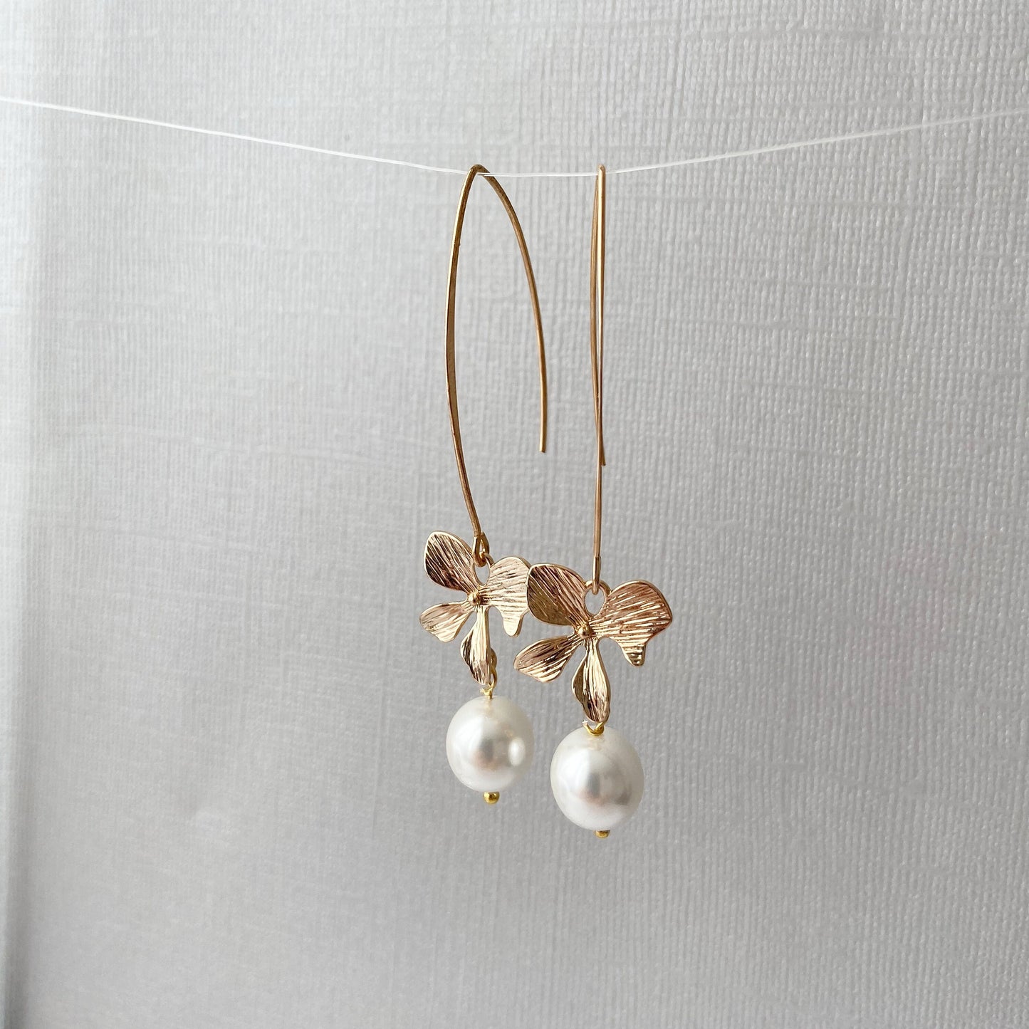 Gold orchid earrings Pearl long dangle flower earrings Floral Bridal jewelry Ivory cream  pearl wedding earrings