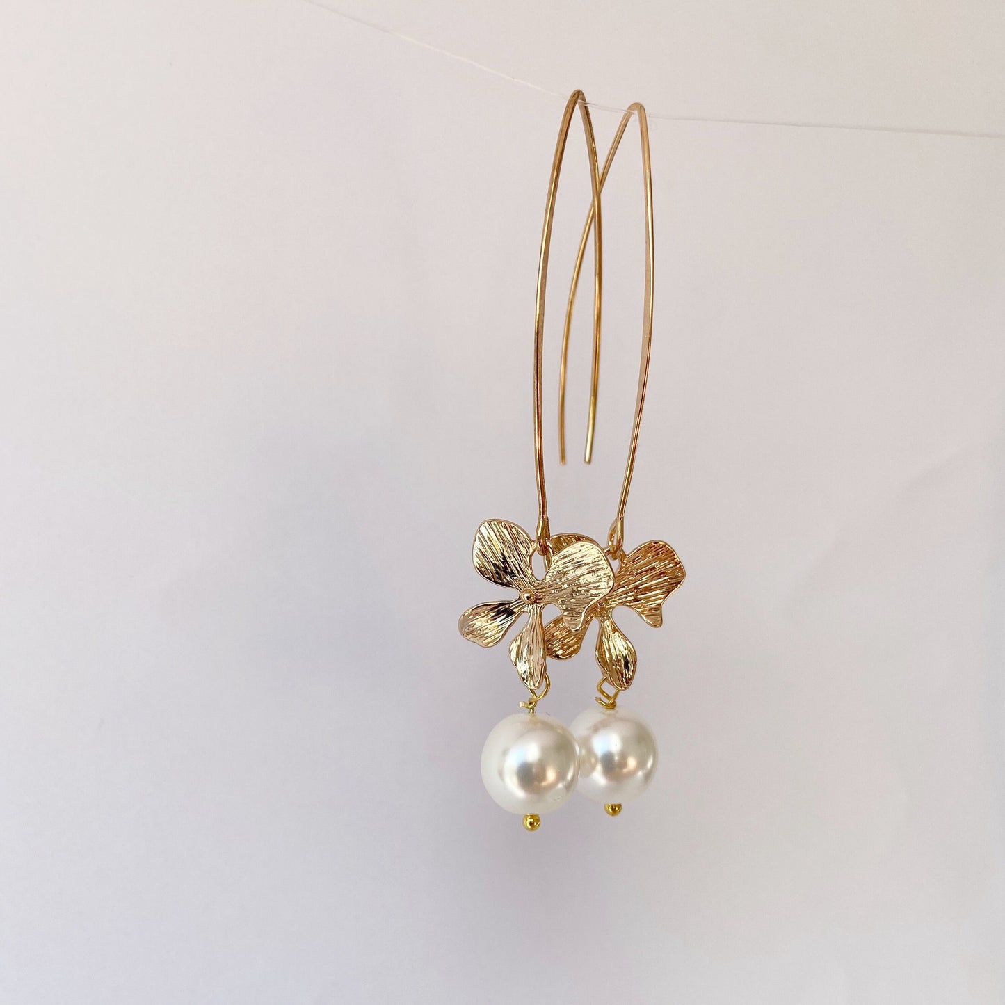 Gold orchid earrings Pearl long dangle flower earrings Floral Bridal jewelry Ivory cream  pearl wedding earrings