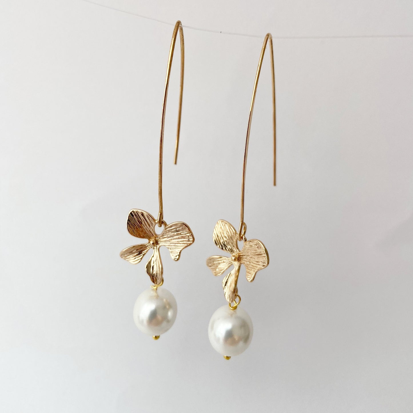 Gold orchid earrings Pearl long dangle flower earrings Floral Bridal jewelry Ivory cream  pearl wedding earrings