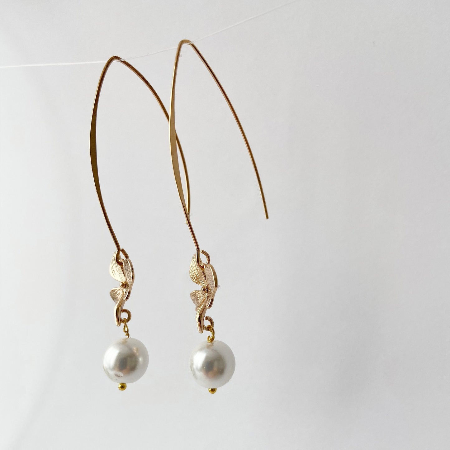 Gold orchid earrings Pearl long dangle flower earrings Floral Bridal jewelry Ivory cream  pearl wedding earrings