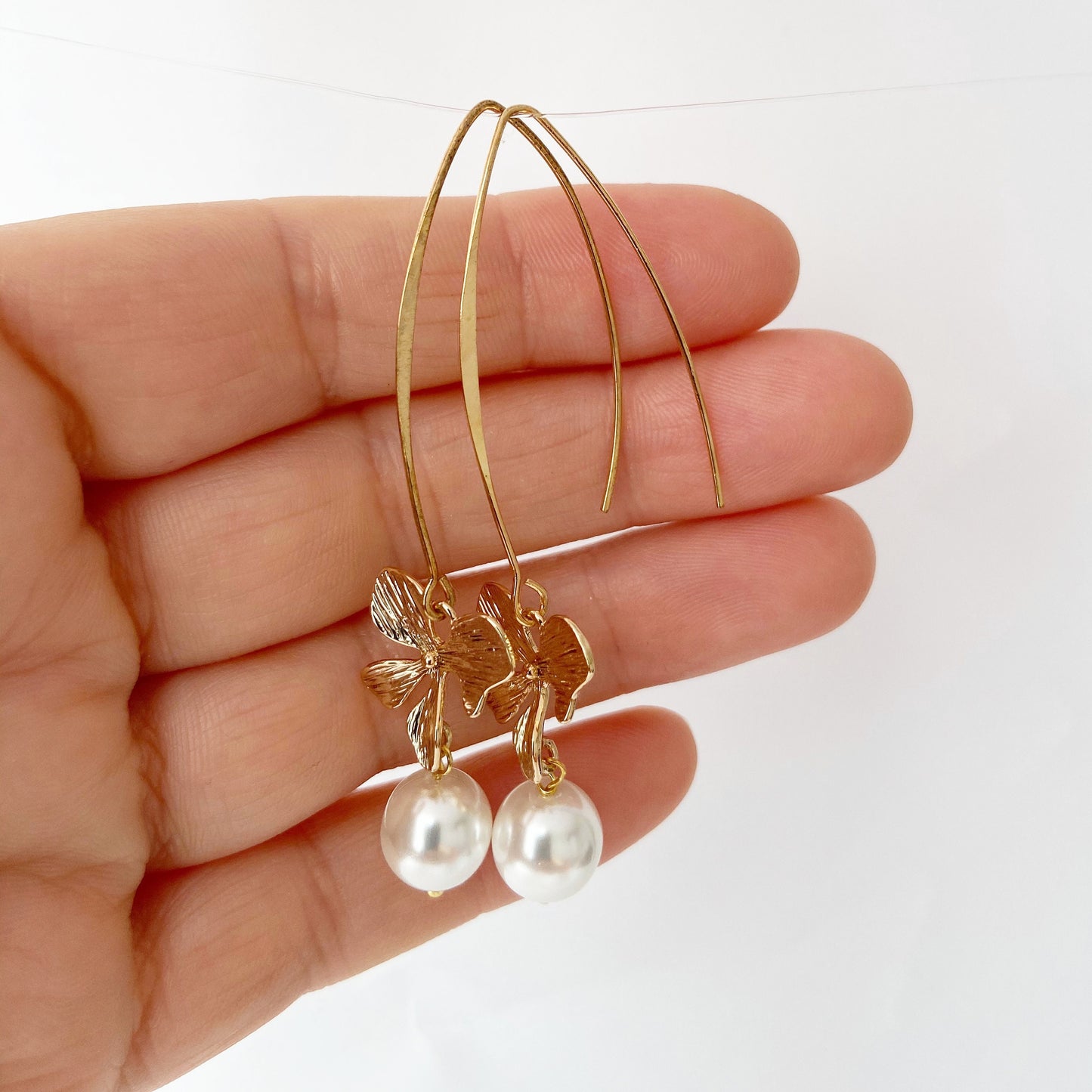 Gold orchid earrings Pearl long dangle flower earrings Floral Bridal jewelry Ivory cream  pearl wedding earrings