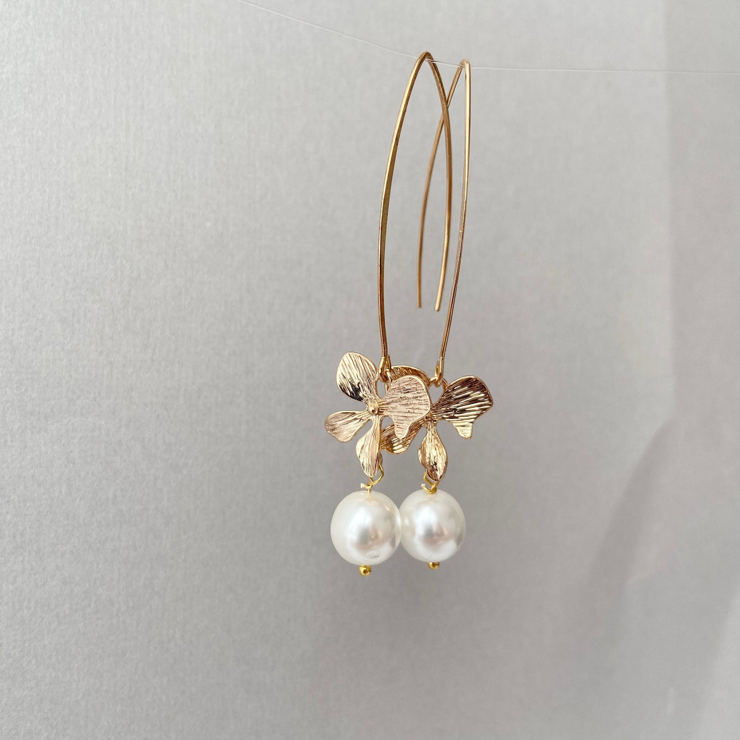 Gold orchid earrings Pearl long dangle flower earrings Floral Bridal jewelry Ivory cream  pearl wedding earrings