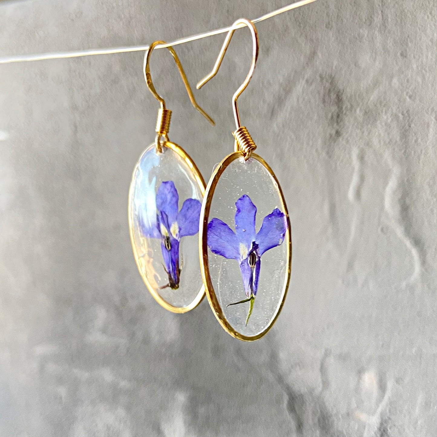 Purple lobelia in resin earrings Pressed flower dangle earrings  Real flower jewelry