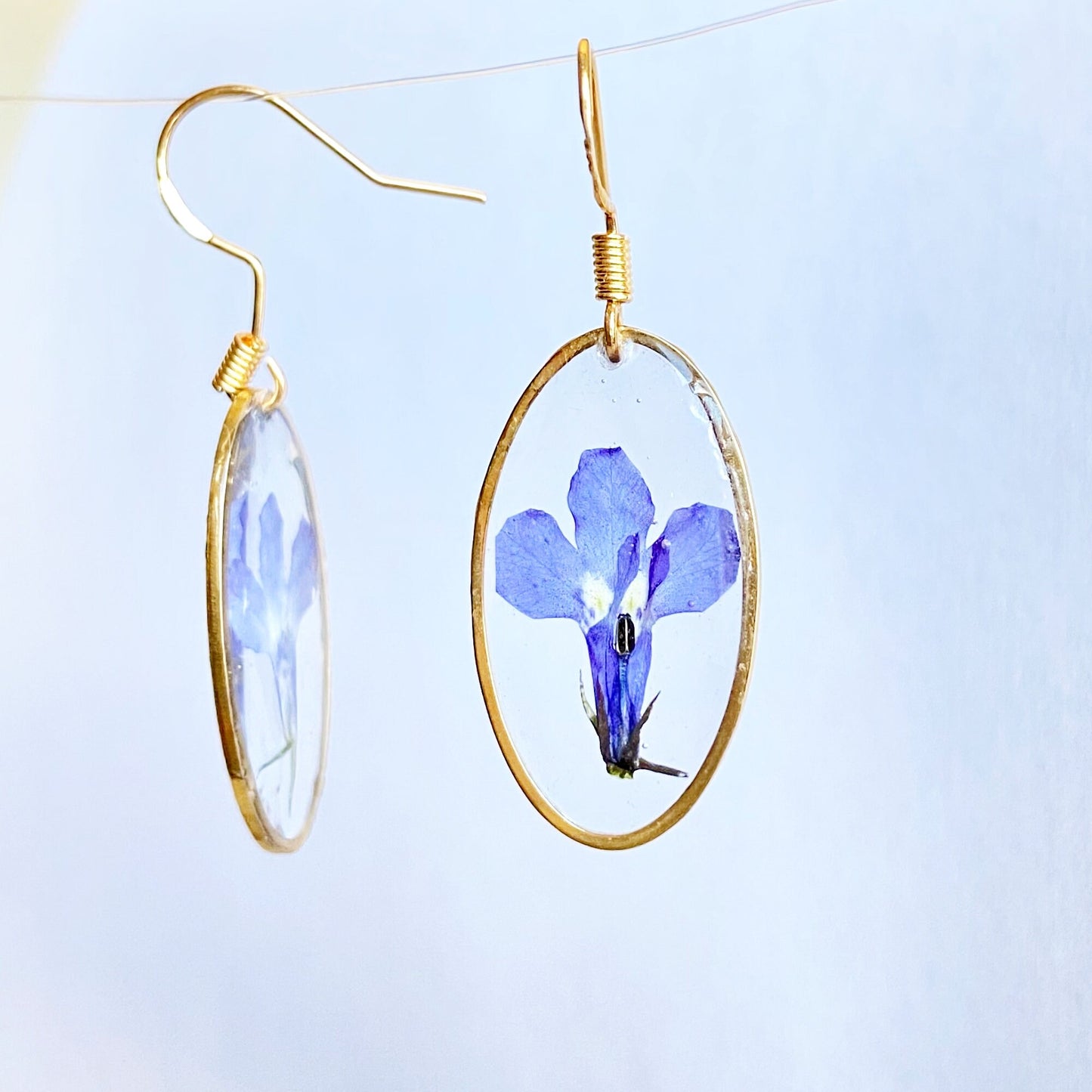 Purple lobelia in resin earrings Pressed flower dangle earrings  Real flower jewelry