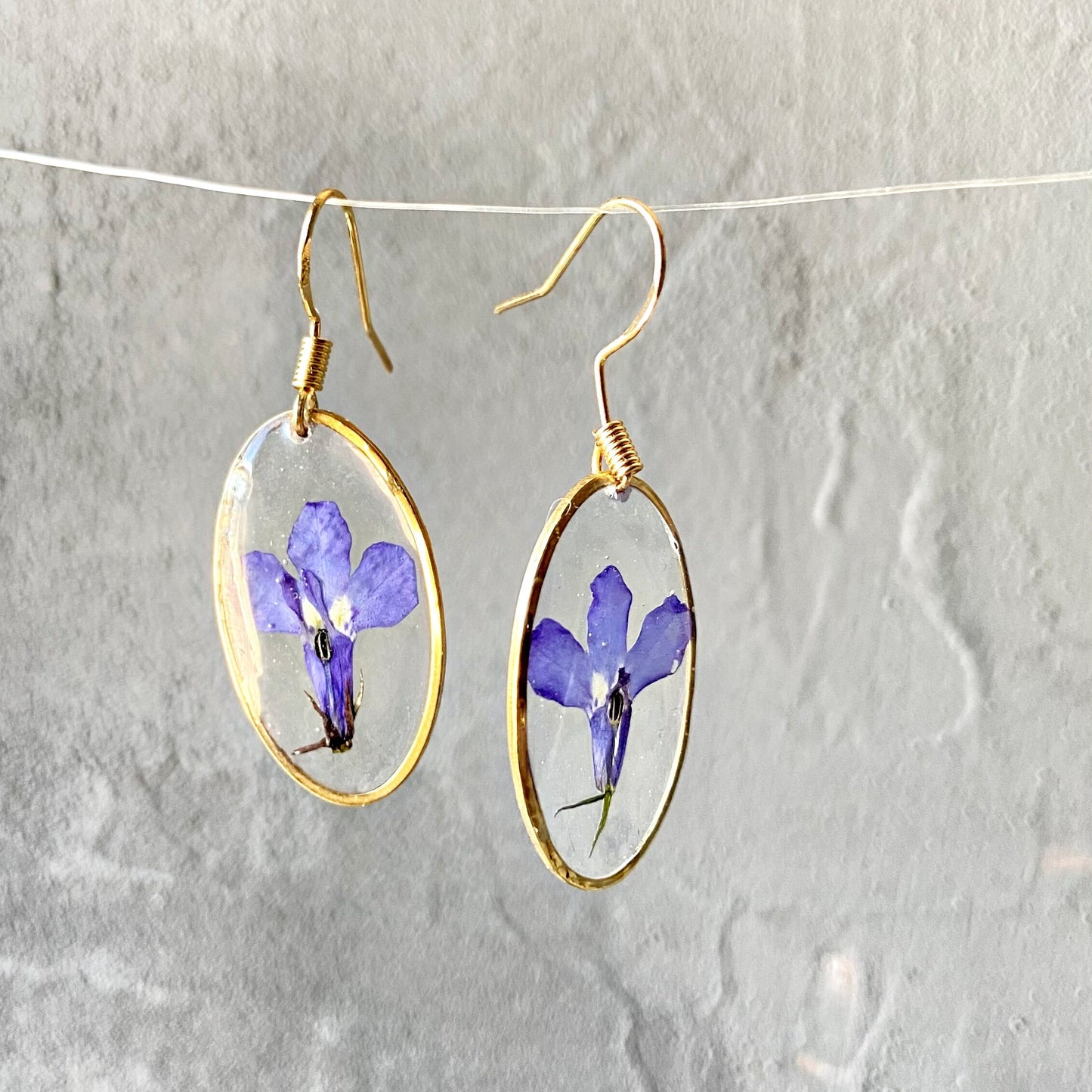 Purple lobelia in resin earrings Pressed flower dangle earrings  Real flower jewelry