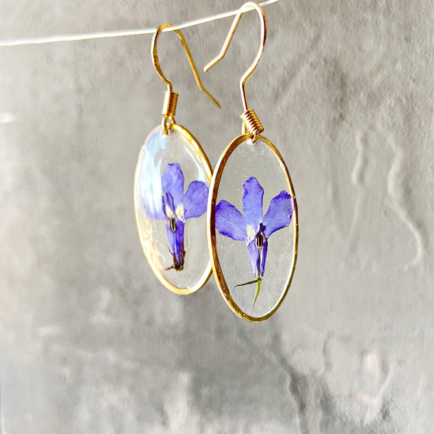 Purple lobelia in resin earrings Pressed flower dangle earrings  Real flower jewelry