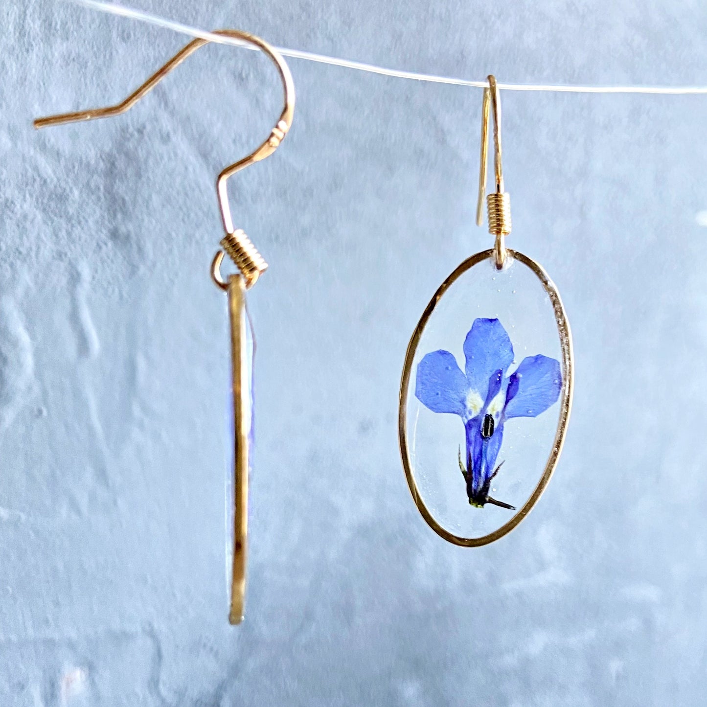 Purple lobelia in resin earrings Pressed flower dangle earrings  Real flower jewelry