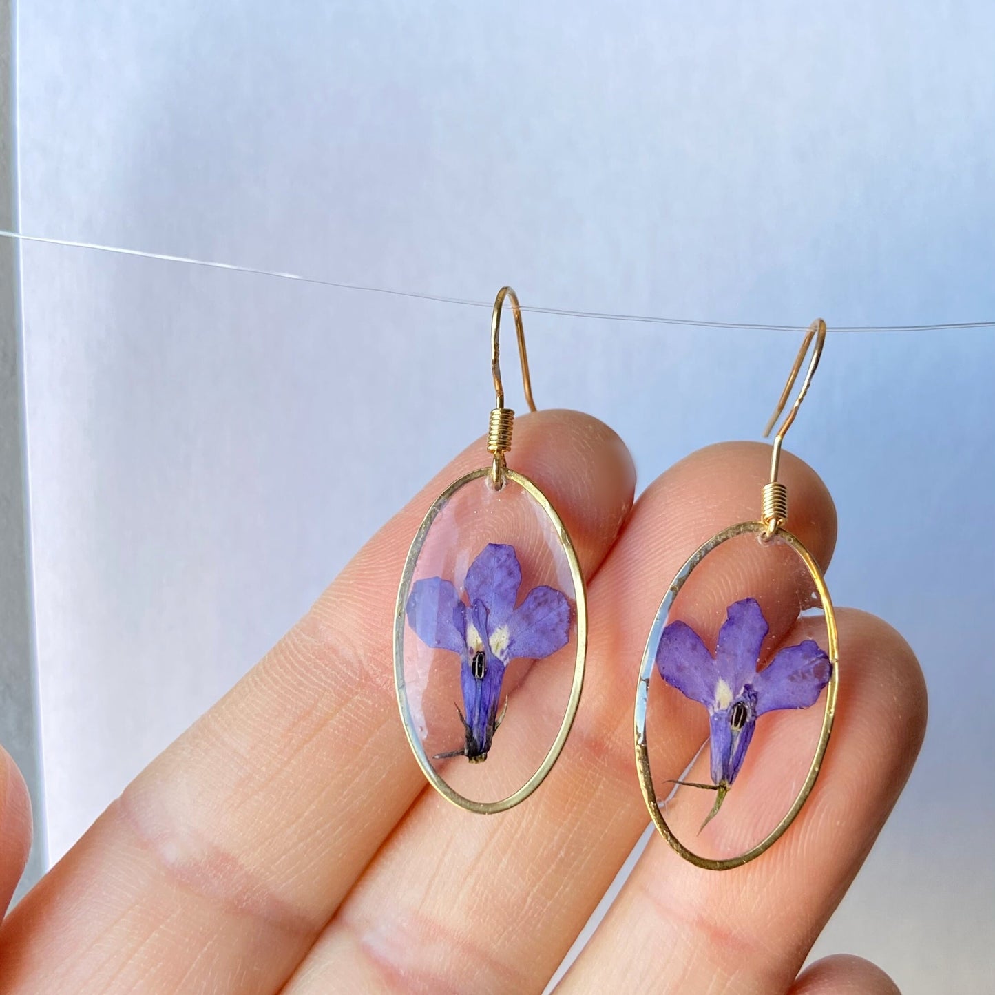 Purple lobelia in resin earrings Pressed flower dangle earrings  Real flower jewelry