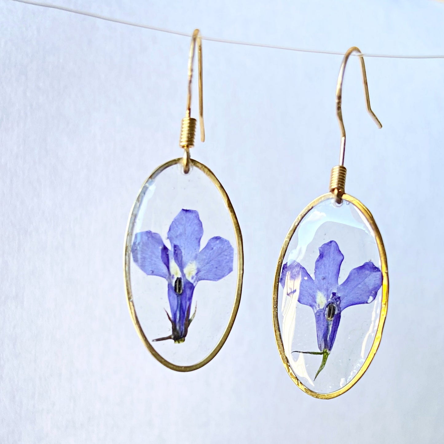 Purple lobelia in resin earrings Pressed flower dangle earrings  Real flower jewelry